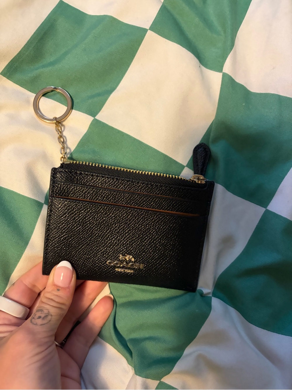 Coach Black Leather Card Case with Gold Key Ring and Zip